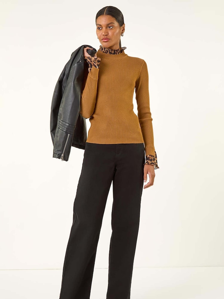 Roman Natural Leopard Ruffle Trim Jumper - Image 2 of 5 Roman Natural Leopard Ruffle Trim Jumper - Image 2 of 5