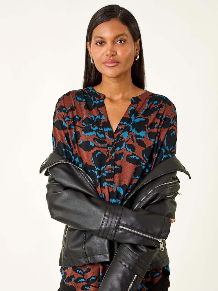 Roman Brown Floral Print V-Neck Stretch T-Shirt - Image 1 of 5 Roman Brown Floral Print V-Neck Stretch T-Shirt - Image 1 of 5