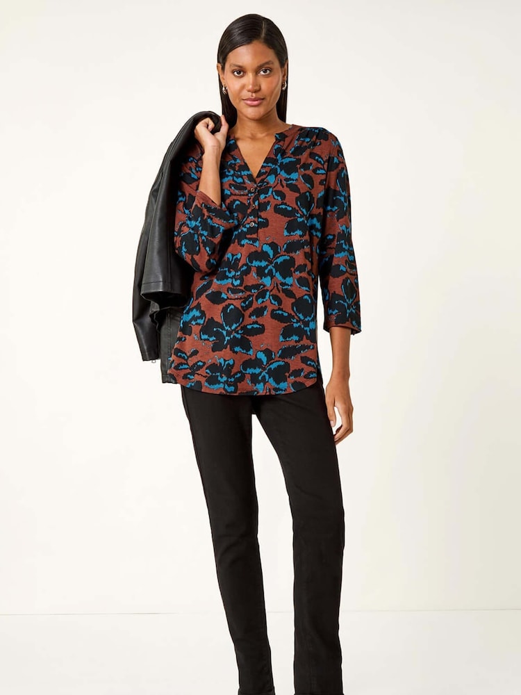 Roman Brown Floral Print V-Neck Stretch T-Shirt - Image 2 of 5 Roman Brown Floral Print V-Neck Stretch T-Shirt - Image 2 of 5
