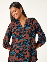Roman Brown Floral Print V-Neck Stretch T-Shirt - Image 4 of 5