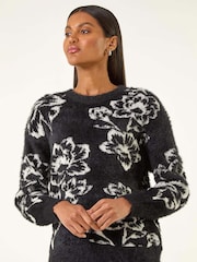 Roman Black Fluffy Floral Knit Jumper - Image 1 of 5
