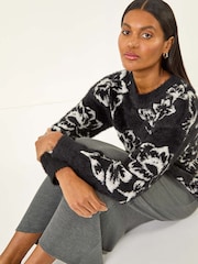 Roman Black Fluffy Floral Knit Jumper - Image 2 of 5