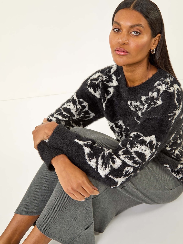 Roman Black Fluffy Floral Knit Jumper - Image 2 of 5 Roman Black Fluffy Floral Knit Jumper - Image 2 of 5