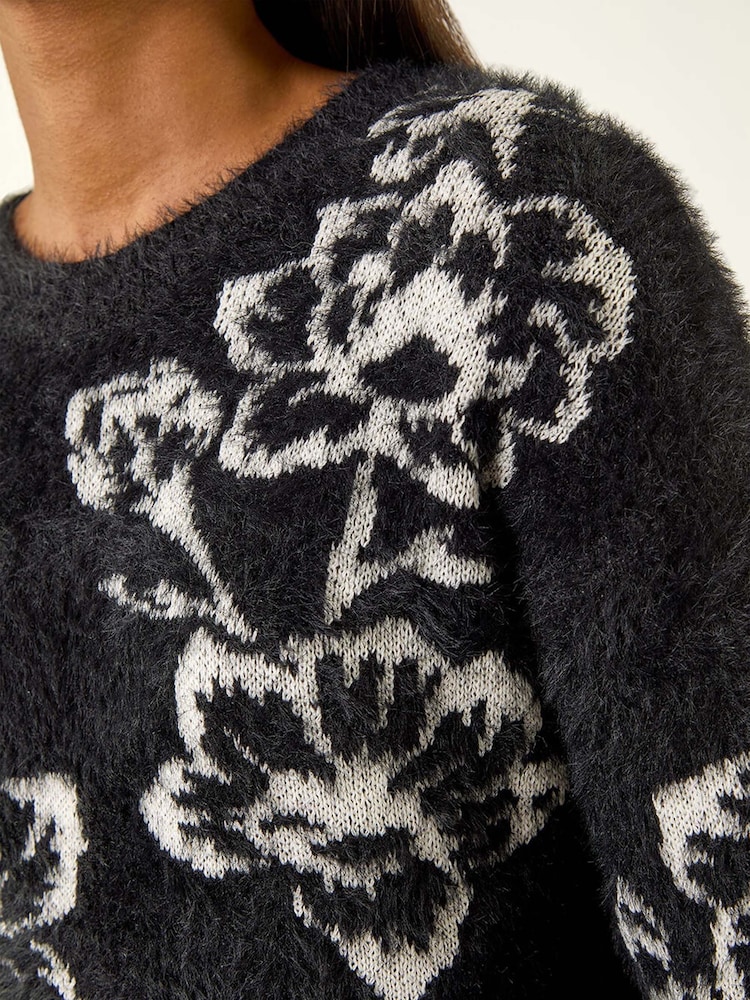 Roman Black Fluffy Floral Knit Jumper - Image 5 of 5 Roman Black Fluffy Floral Knit Jumper - Image 5 of 5