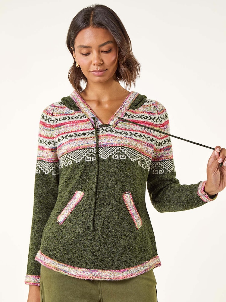Roman Green Nordic Print Hooded Jumper - Image 1 of 5 Roman Green Nordic Print Hooded Jumper - Image 1 of 5