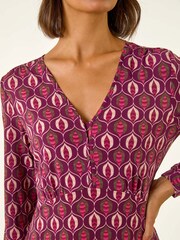 Roman Red Geo Print V-Neck Stretch Midi Dress - Image 1 of 5