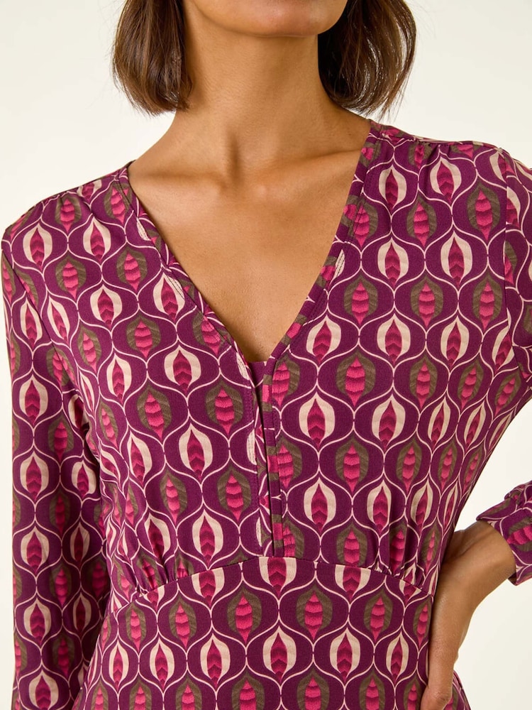 Roman Red Geo Print V-Neck Stretch Midi Dress - Image 1 of 5 Roman Red Geo Print V-Neck Stretch Midi Dress - Image 1 of 5