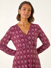 Roman Red Geo Print V-Neck Stretch Midi Dress - Image 2 of 5