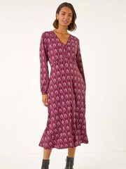 Roman Red Geo Print V-Neck Stretch Midi Dress - Image 4 of 5