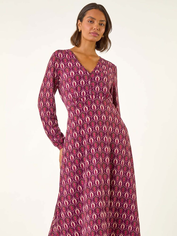 Roman Red Geo Print V-Neck Stretch Midi Dress - Image 5 of 5 Roman Red Geo Print V-Neck Stretch Midi Dress - Image 5 of 5