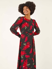 Roman Red Floral Tie Waist Midi Dress - Image 1 of 5