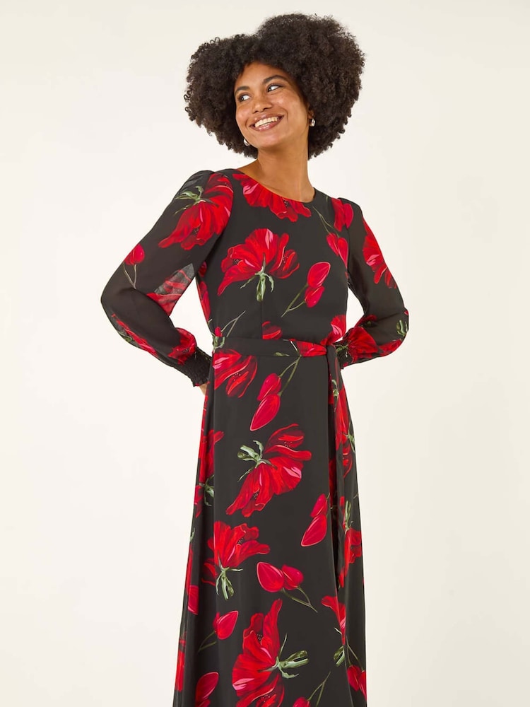 Roman Red Floral Tie Waist Midi Dress - Image 1 of 5