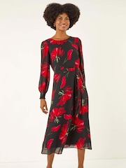 Roman Red Floral Tie Waist Midi Dress - Image 2 of 5