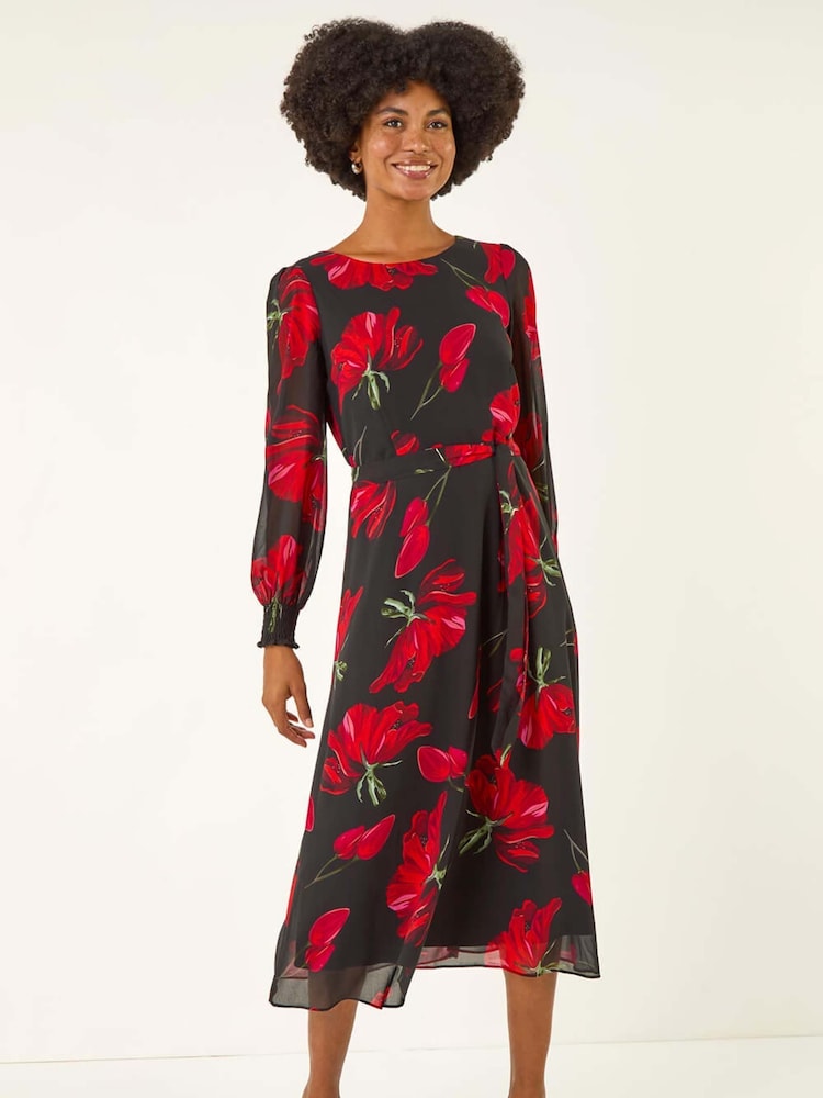 Roman Red Floral Tie Waist Midi Dress - Image 2 of 5 Roman Red Floral Tie Waist Midi Dress - Image 2 of 5