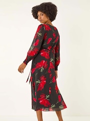 Roman Red Floral Tie Waist Midi Dress - Image 3 of 5