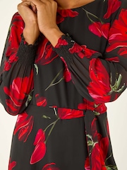 Roman Red Floral Tie Waist Midi Dress - Image 5 of 5