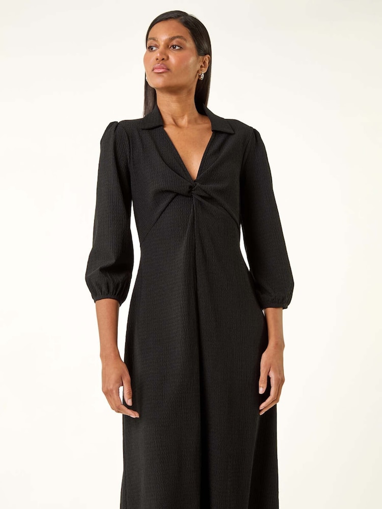 Roman Black Textured Collared Twist Front Dress - Image 1 of 5 Roman Black Textured Collared Twist Front Dress - Image 1 of 5