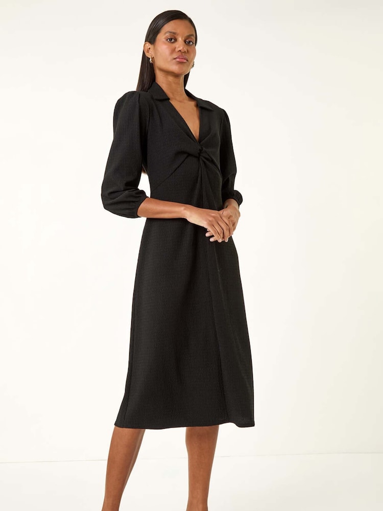 Roman Black Textured Collared Twist Front Dress - Image 2 of 5 Roman Black Textured Collared Twist Front Dress - Image 2 of 5
