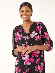 Roman Pink Floral Puff Print Stretch Blouse - Image 1 of 5