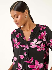 Roman Pink Floral Puff Print Stretch Blouse - Image 2 of 5