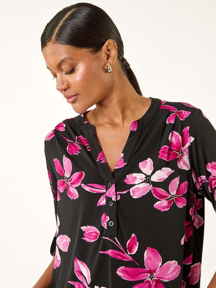 Roman Pink Floral Puff Print Stretch Blouse - Image 2 of 5