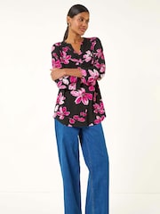 Roman Pink Floral Puff Print Stretch Blouse - Image 3 of 5
