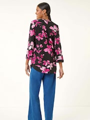 Roman Pink Floral Puff Print Stretch Blouse - Image 4 of 5