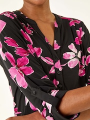 Roman Pink Floral Puff Print Stretch Blouse - Image 5 of 5