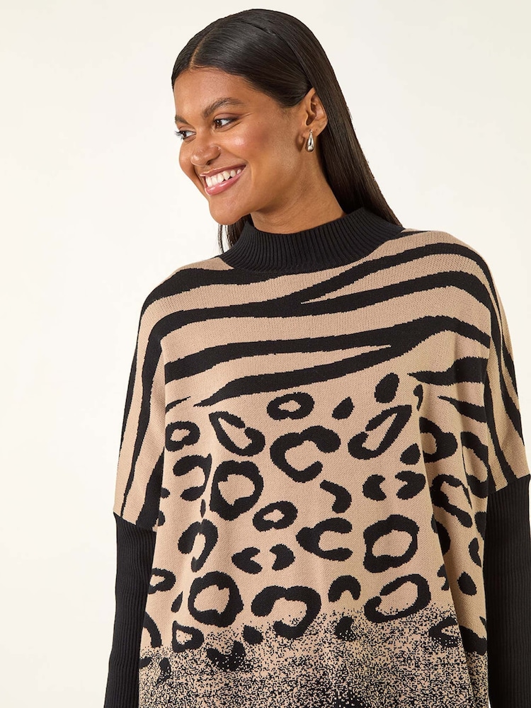 Roman Black Multi Animal Print High Neck Jumper - Image 2 of 5