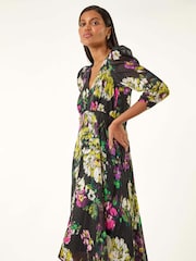 Roman Black Floral Print Chiffon Midi Dress - Image 1 of 5
