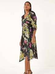 Roman Black Floral Print Chiffon Midi Dress - Image 2 of 5