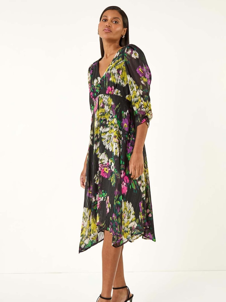Roman Black Floral Print Chiffon Midi Dress - Image 2 of 5 Roman Black Floral Print Chiffon Midi Dress - Image 2 of 5