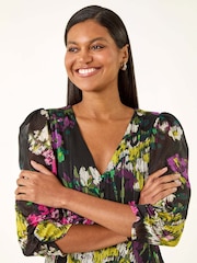 Roman Black Floral Print Chiffon Midi Dress - Image 4 of 5