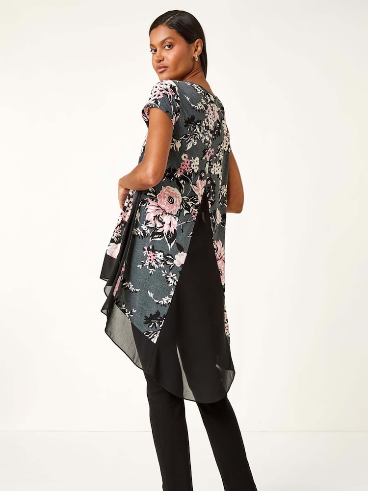 Roman Grey Floral Puff Print Stretch T-Shirt - Image 2 of 5 Roman Grey Floral Puff Print Stretch T-Shirt - Image 2 of 5