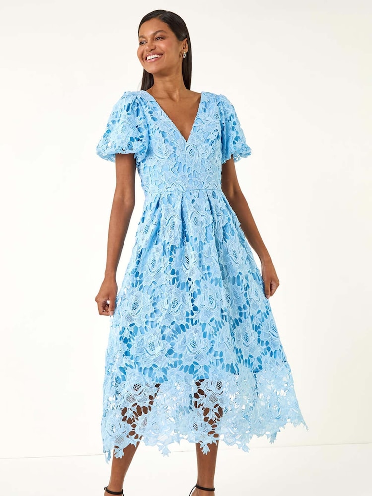 Roman Blue Premium Crochet Lace Midi Dress - Image 1 of 5 Roman Blue Premium Crochet Lace Midi Dress - Image 1 of 5