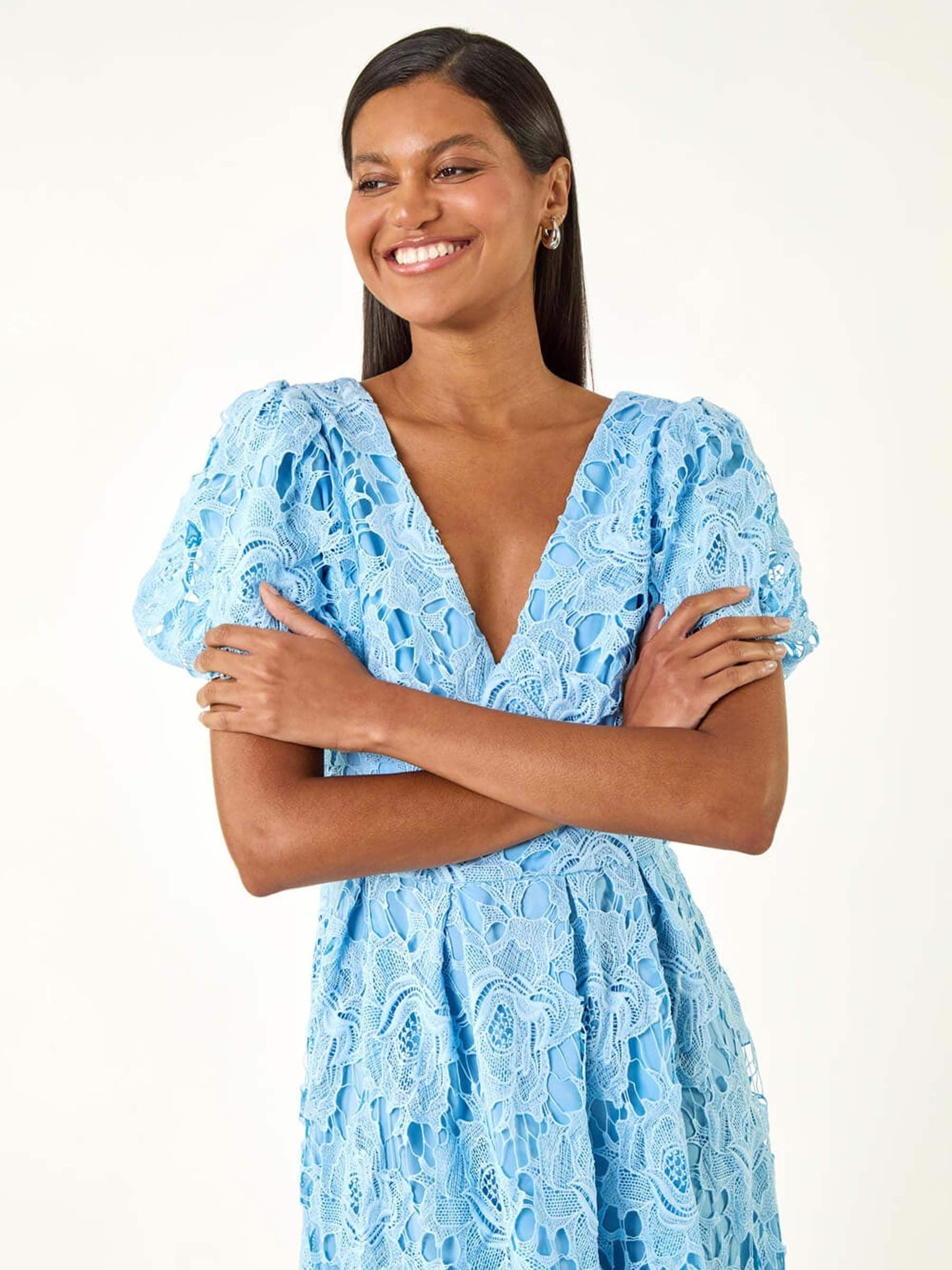 Buy Roman Blue Premium Crochet Lace Midi Dress from Next USA