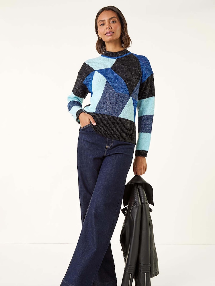 Roman Blue Metallic Colour Block Knit Jumper - Image 2 of 5 Roman Blue Metallic Colour Block Knit Jumper - Image 2 of 5