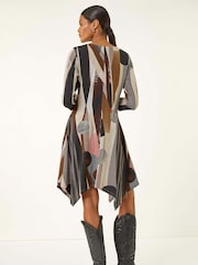 Roman Brown Geo Print Hanky Hem Stretch Dress - Image 3 of 5