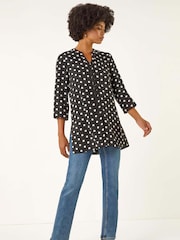 Roman Black Swirl Print Long Line Buttoned Blouse - Image 2 of 5