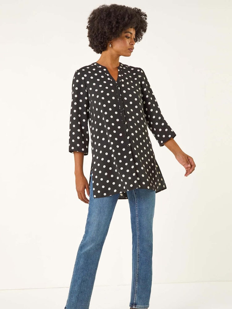 Roman Black Swirl Print Long Line Buttoned Blouse - Image 2 of 5 Roman Black Swirl Print Long Line Buttoned Blouse - Image 2 of 5