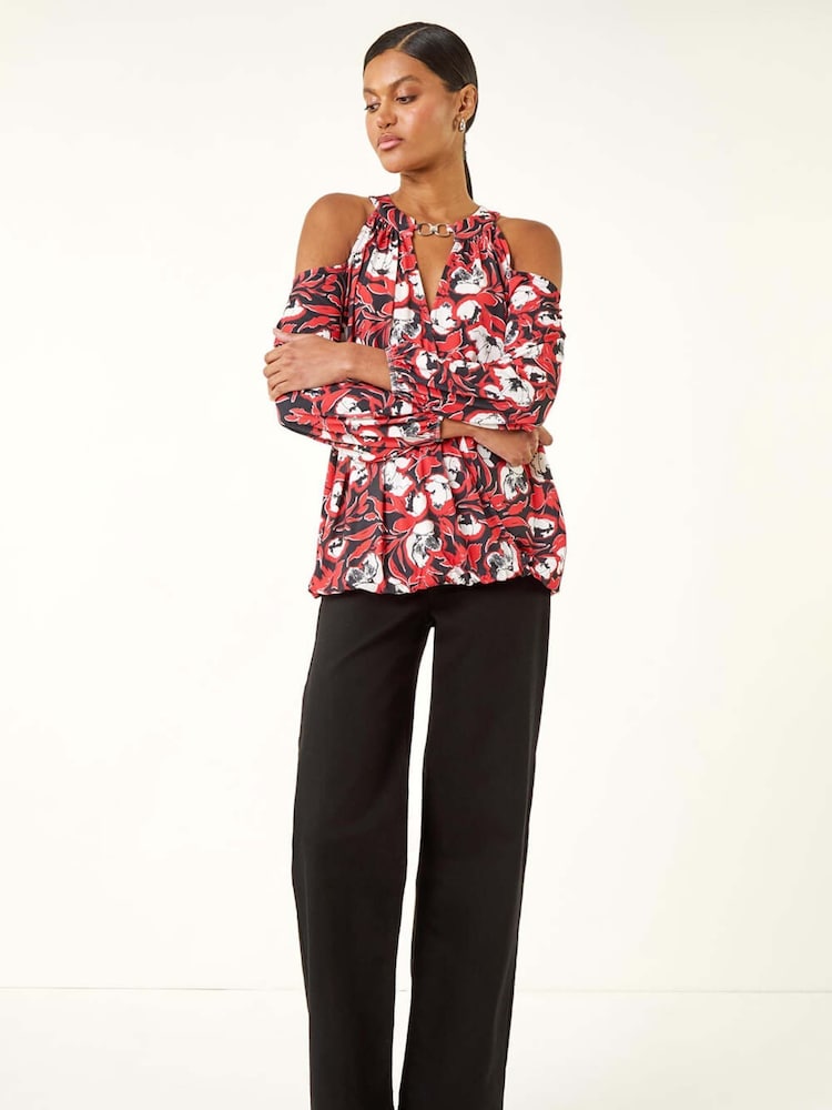 Roman Red Printed Cold Shoulder Stretch Blouse - Image 1 of 5 Roman Red Printed Cold Shoulder Stretch Blouse - Image 1 of 5