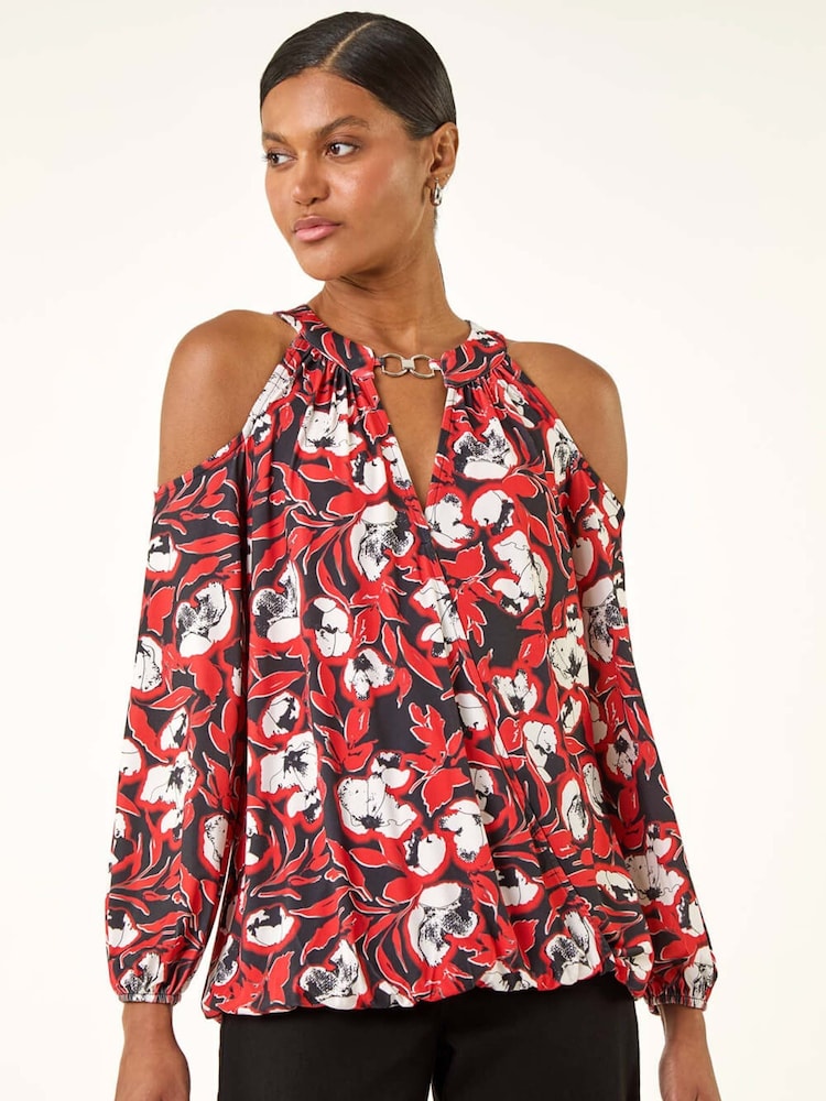 Roman Red Printed Cold Shoulder Stretch Blouse - Image 2 of 5