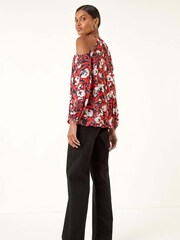 Roman Red Printed Cold Shoulder Stretch Blouse - Image 3 of 5