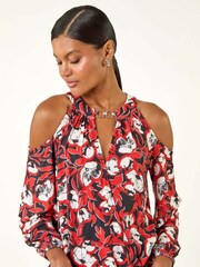 Roman Red Printed Cold Shoulder Stretch Blouse - Image 4 of 5