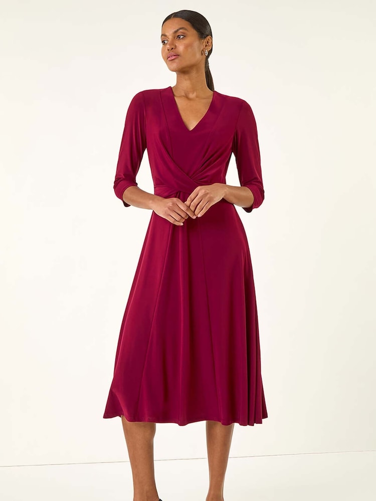 Roman Wine Red Stretch Cross-Over Midi Dress - Image 1 of 5 Roman Wine Red Stretch Cross-Over Midi Dress - Image 1 of 5