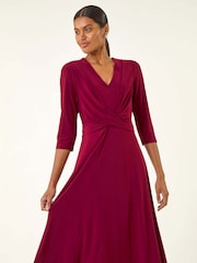 Roman Wine Red Stretch Cross-Over Midi Dress - Image 2 of 5