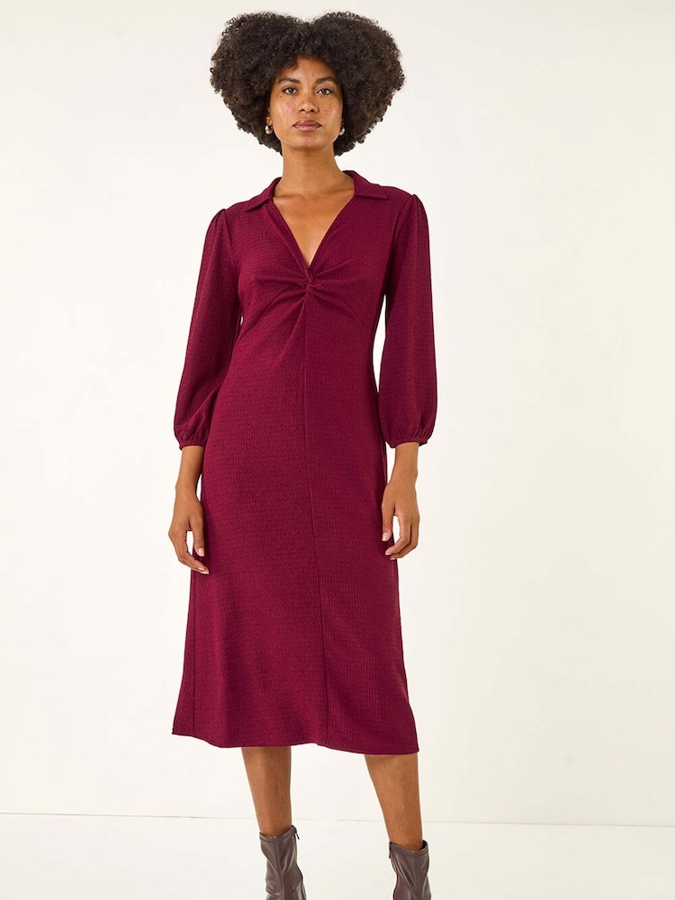 Roman Red Textured Collared Twist Front Dress - Image 1 of 5 Roman Red Textured Collared Twist Front Dress - Image 1 of 5