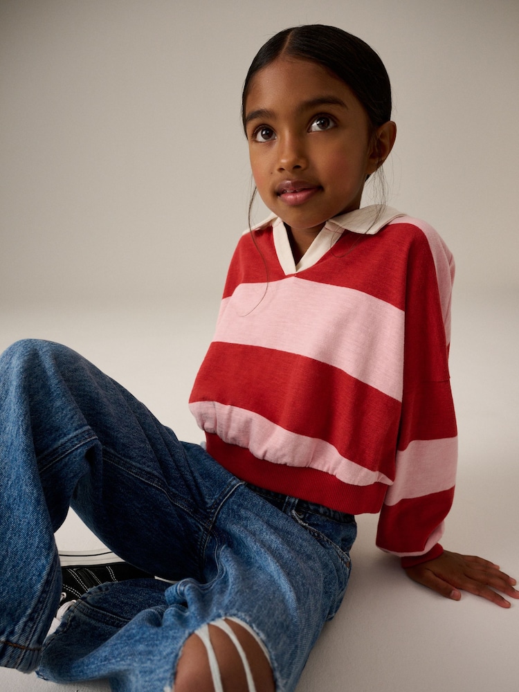 Pink/Red Stripe Collared Boxy Sweatshirt (3-16yrs) - Image 1 of 8