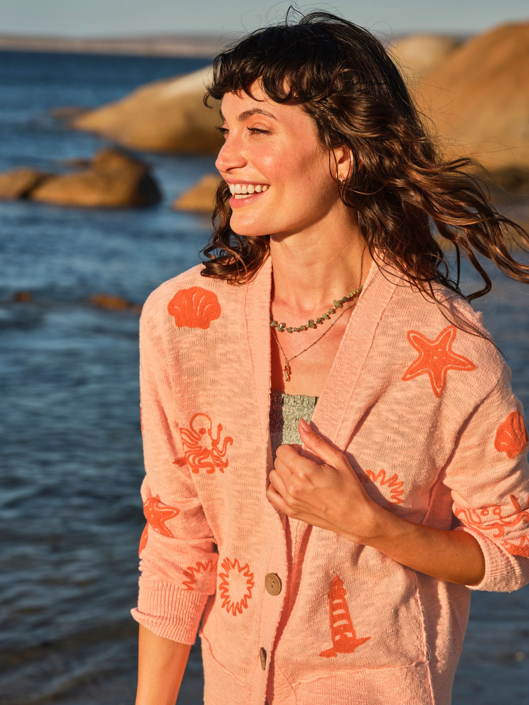 Fat Face Women's Coral Pink Fatface Seascape Knitted Cardigan