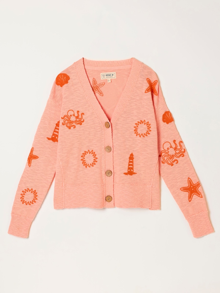 FatFace Coral Pink Seascape Knitted Cardigan - Image 8 of 8